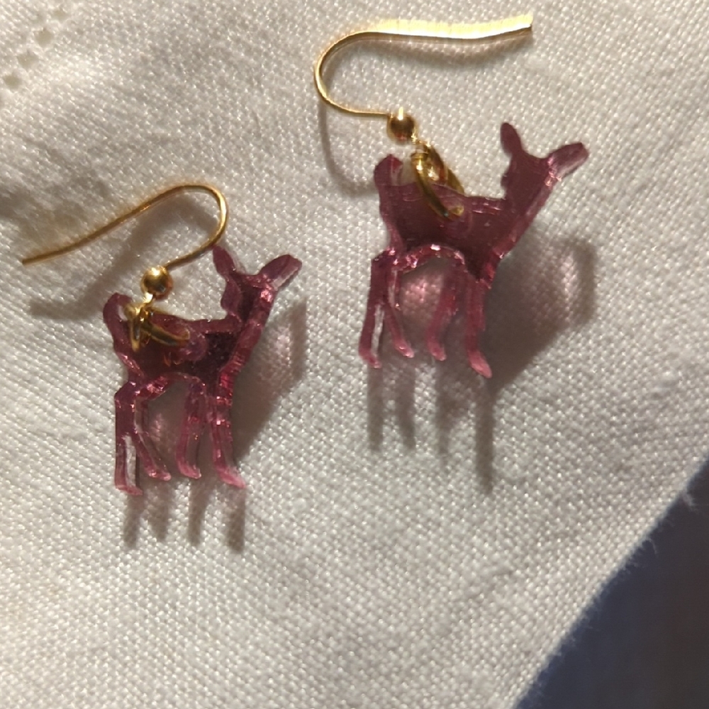 Pink Deer Earrings with Gold Hooks